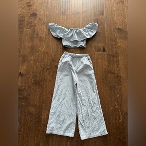 SHEIN Light Blue Ruffled Off-Shoulder Crop Top with Wide-Leg Pants Set